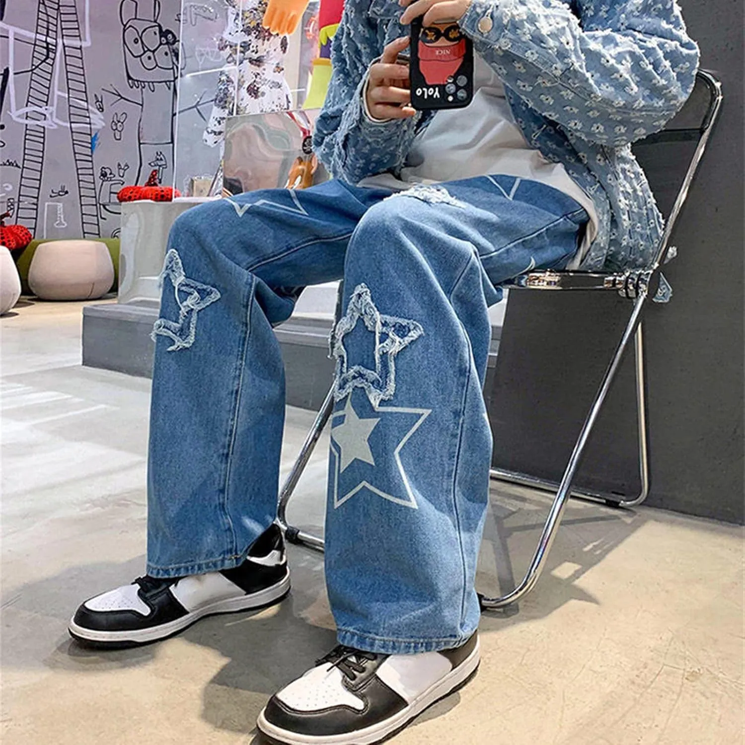 Men's Athletic-Fit Jean Old Men and Women Straight Korean Version Boys Casual Trousers Middle Waist Denim Long Pants