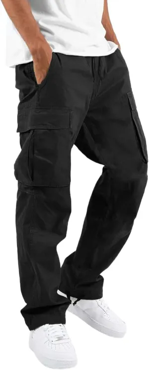 Men’s Cargo Pants Plus Size Drawstring Elastic Waist Fall Work Pants Casual Plain Sport Trousers with Multi Pockets