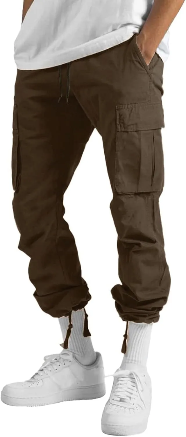 Men’s Cargo Pants Plus Size Drawstring Elastic Waist Fall Work Pants Casual Plain Sport Trousers with Multi Pockets