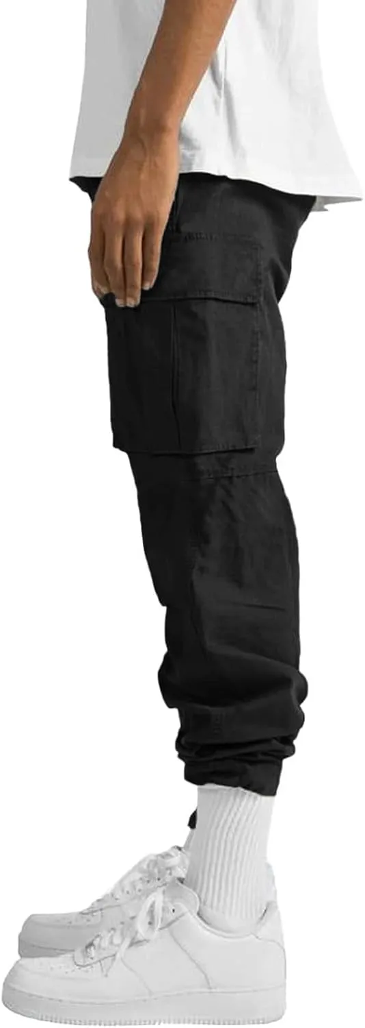 Men’s Cargo Pants Plus Size Drawstring Elastic Waist Fall Work Pants Casual Plain Sport Trousers with Multi Pockets