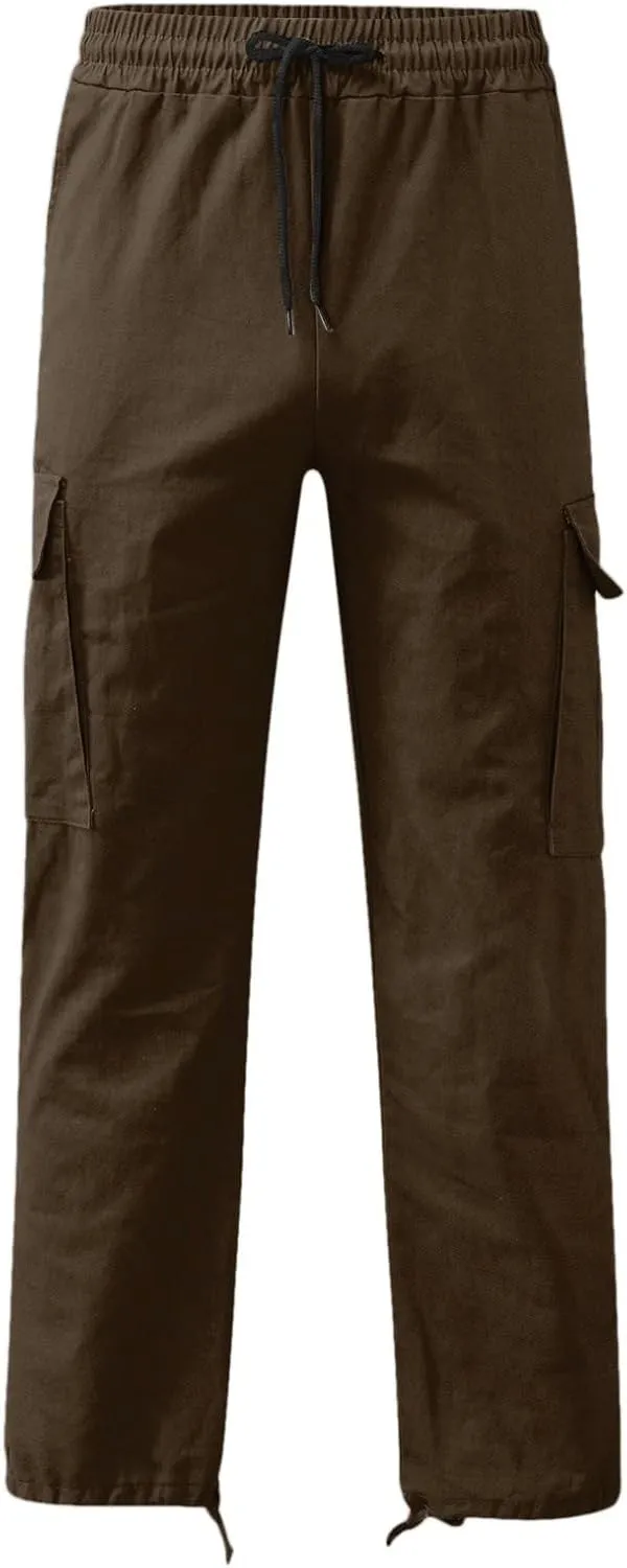 Men’s Cargo Pants Plus Size Drawstring Elastic Waist Fall Work Pants Casual Plain Sport Trousers with Multi Pockets