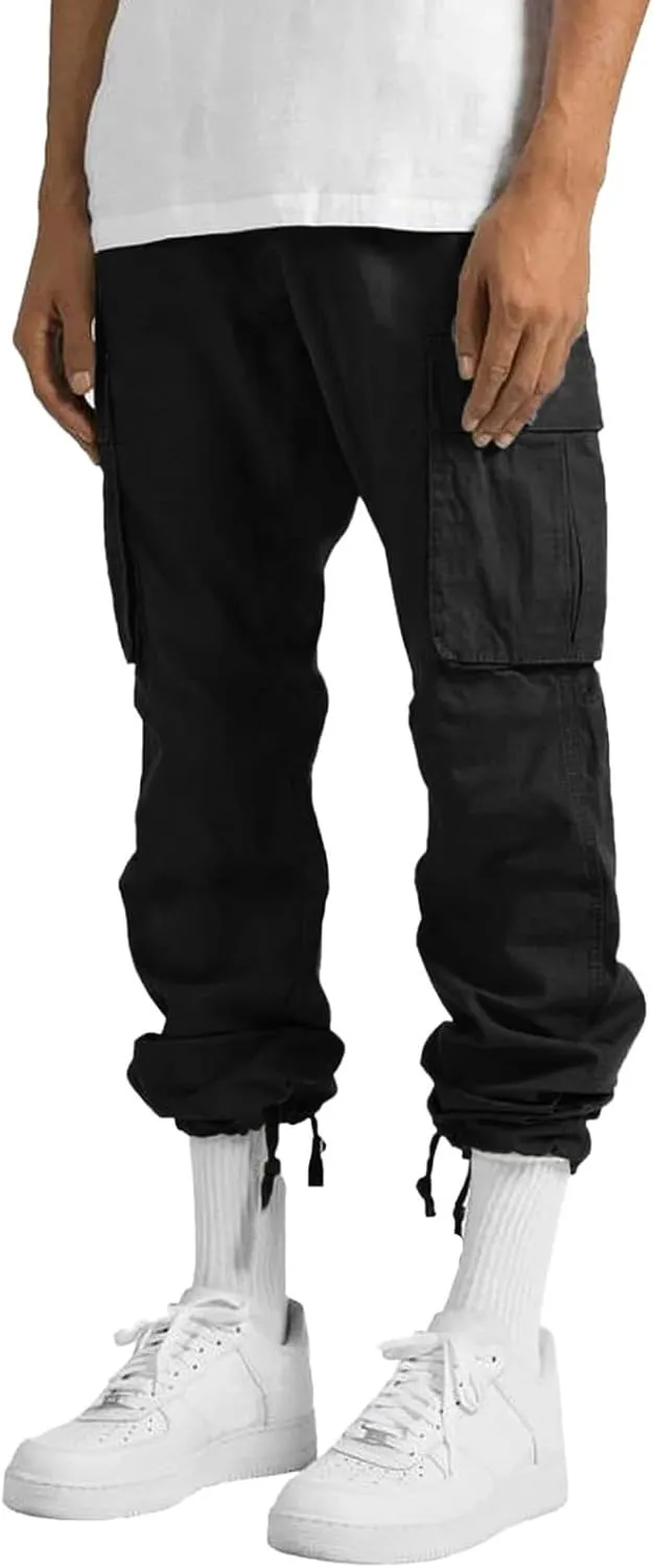 Men’s Cargo Pants Plus Size Drawstring Elastic Waist Fall Work Pants Casual Plain Sport Trousers with Multi Pockets