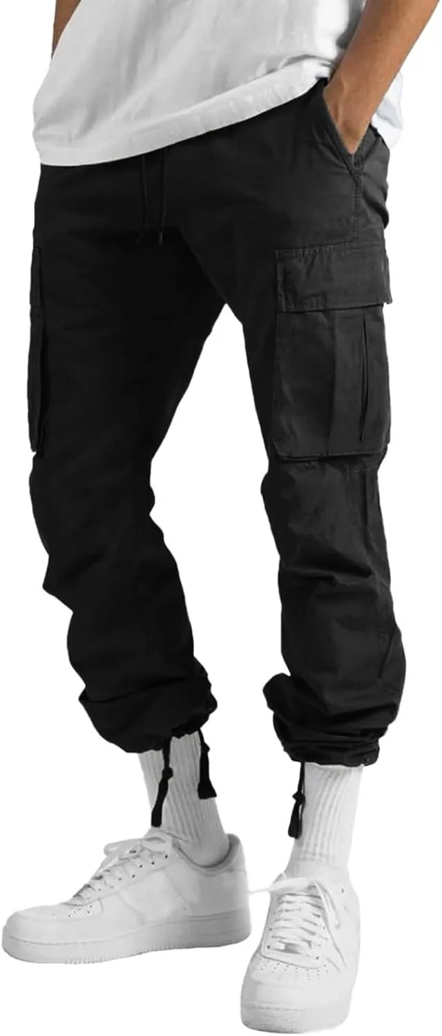 Men’s Cargo Pants Plus Size Drawstring Elastic Waist Fall Work Pants Casual Plain Sport Trousers with Multi Pockets