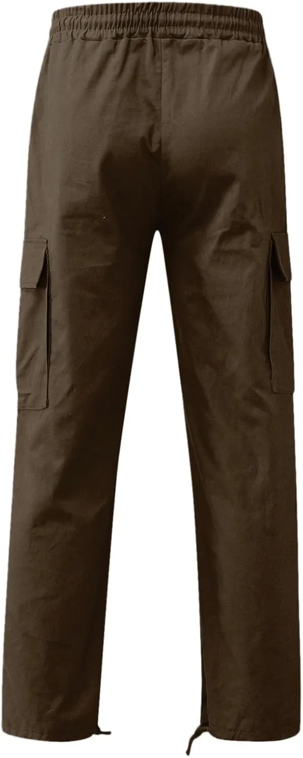 Men’s Cargo Pants Plus Size Drawstring Elastic Waist Fall Work Pants Casual Plain Sport Trousers with Multi Pockets