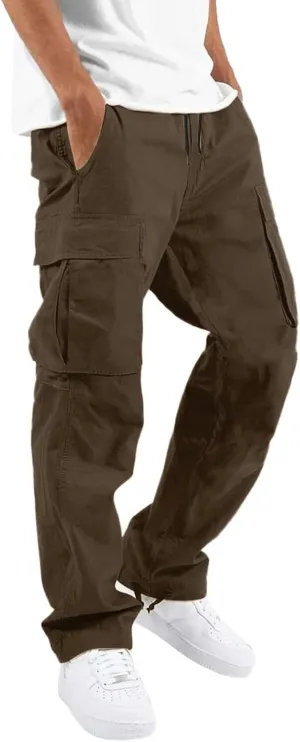 Men’s Cargo Pants Plus Size Drawstring Elastic Waist Fall Work Pants Casual Plain Sport Trousers with Multi Pockets