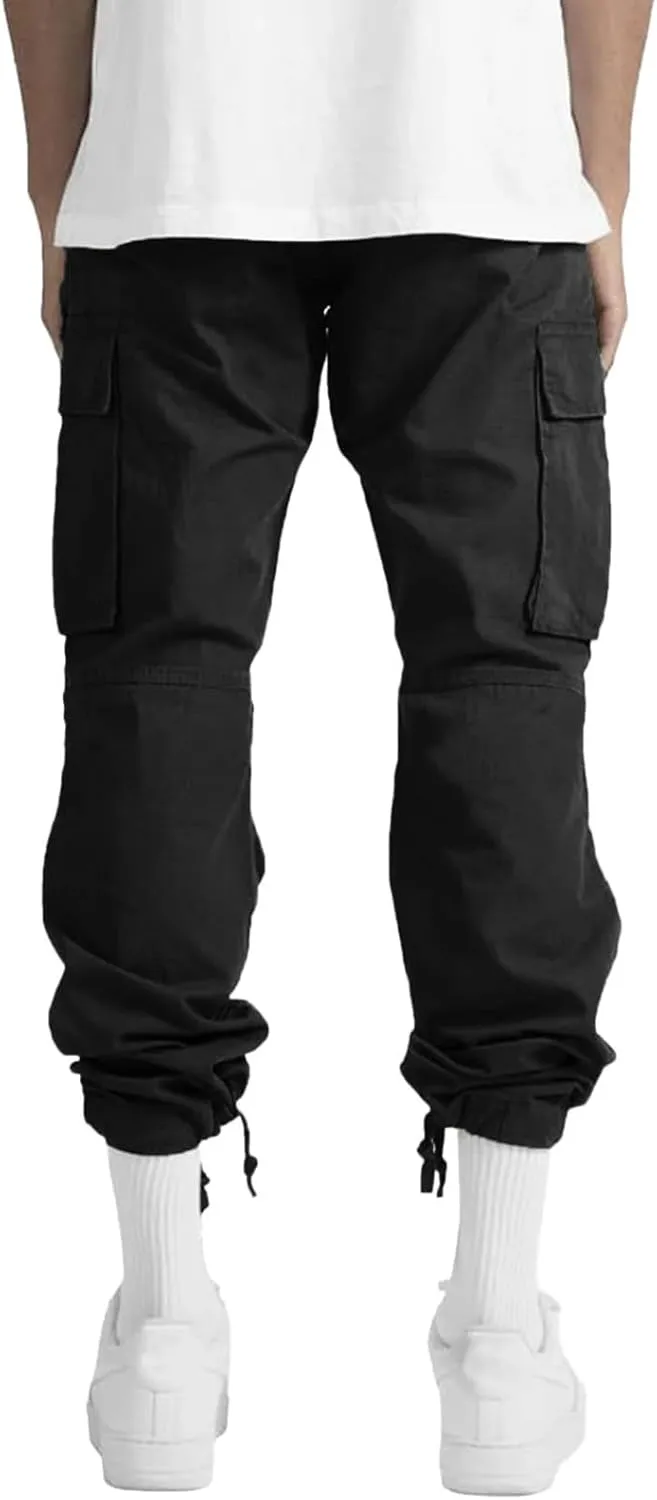 Men’s Cargo Pants Plus Size Drawstring Elastic Waist Fall Work Pants Casual Plain Sport Trousers with Multi Pockets