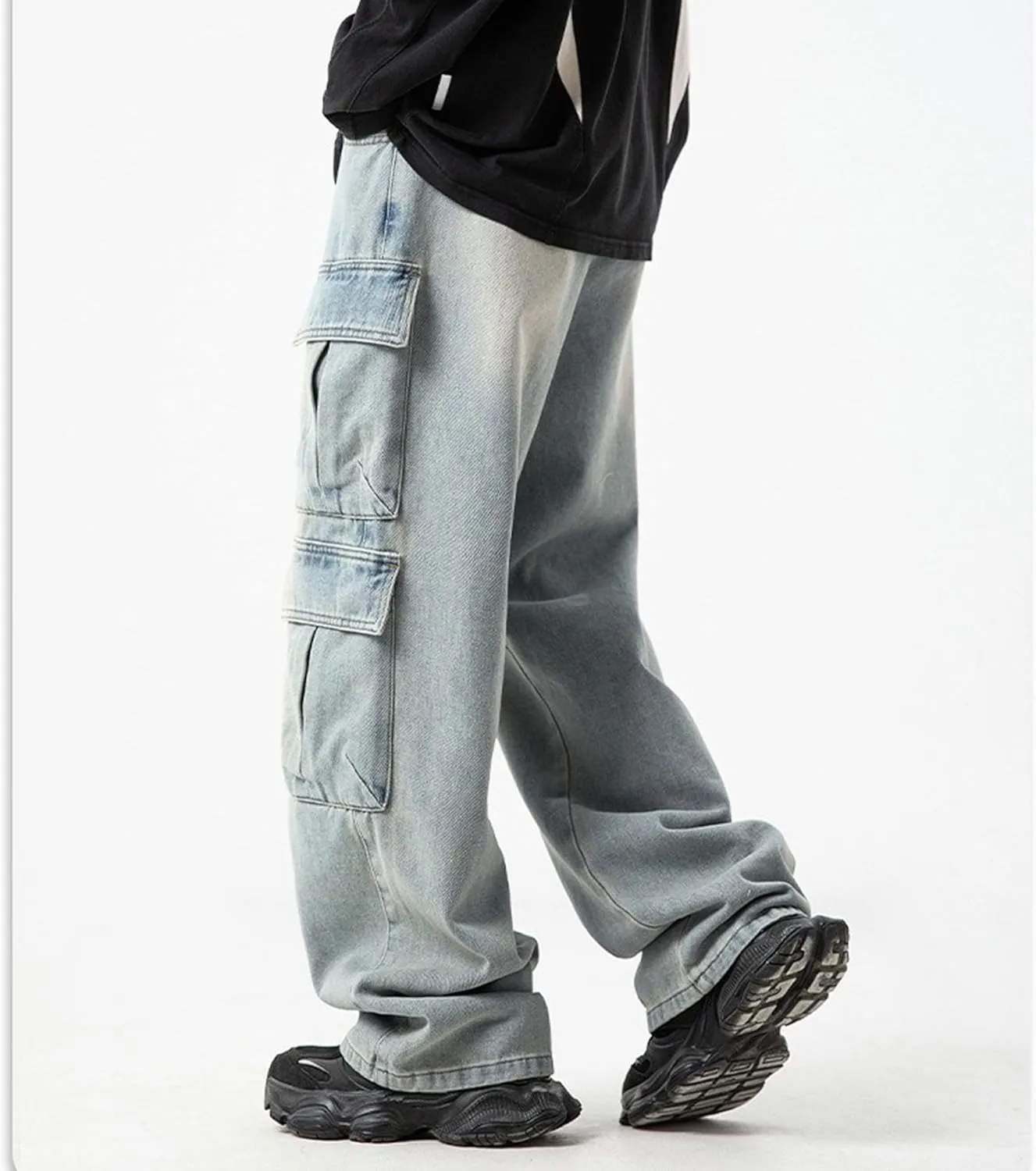 Men's Casual Loose Cargo Jeans Baggy Straight Leg Denim Pants for Men Fashion Hip Hop Jeans with Multi Pockets
