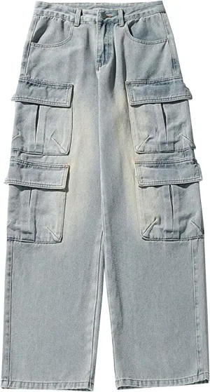 Men's Casual Loose Cargo Jeans Baggy Straight Leg Denim Pants for Men Fashion Hip Hop Jeans with Multi Pockets