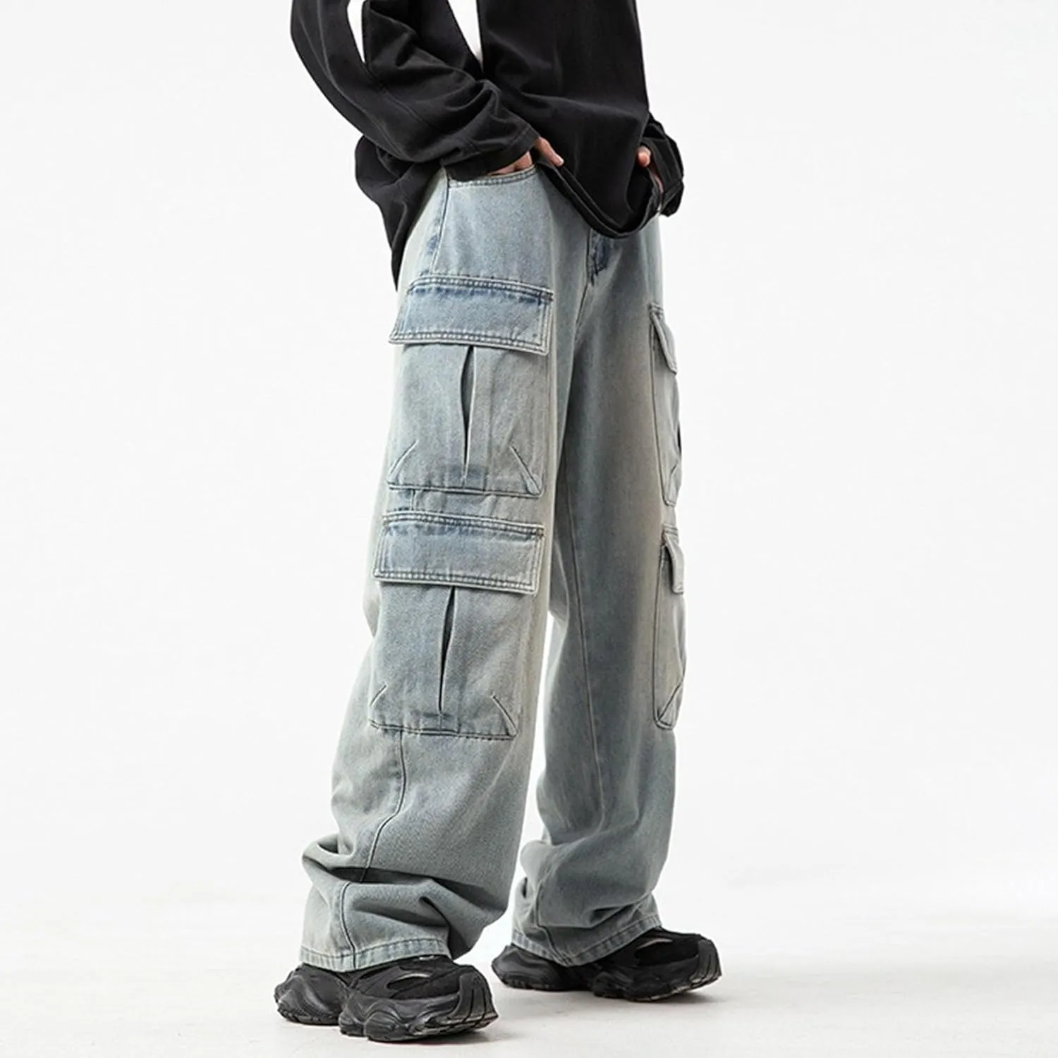 Men's Casual Loose Cargo Jeans Baggy Straight Leg Denim Pants for Men Fashion Hip Hop Jeans with Multi Pockets