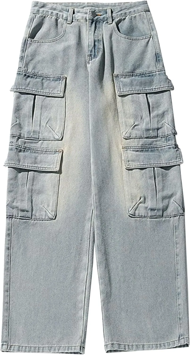 Men's Casual Loose Cargo Jeans Baggy Straight Leg Denim Pants for Men Fashion Hip Hop Jeans with Multi Pockets