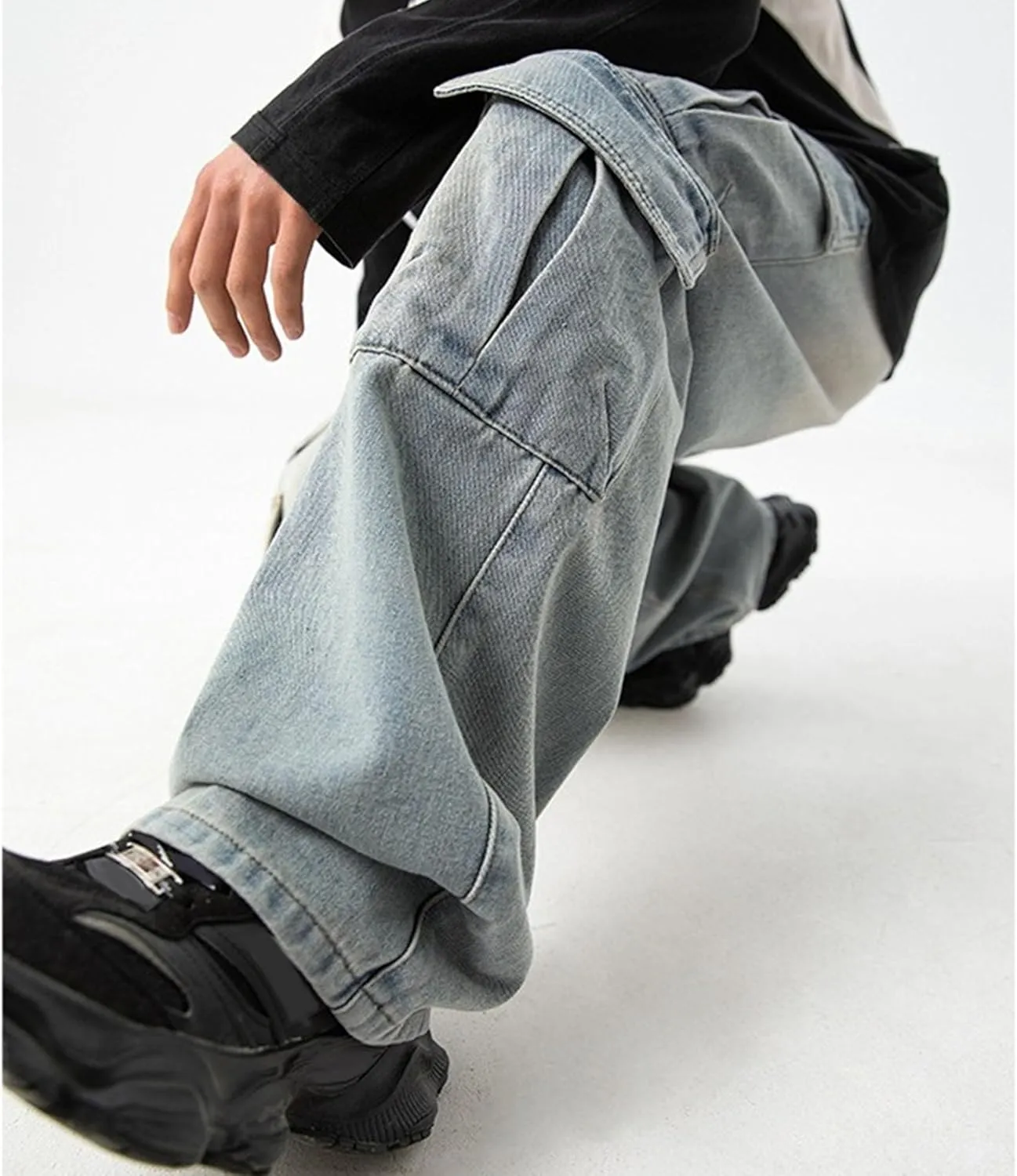 Men's Casual Loose Cargo Jeans Baggy Straight Leg Denim Pants for Men Fashion Hip Hop Jeans with Multi Pockets