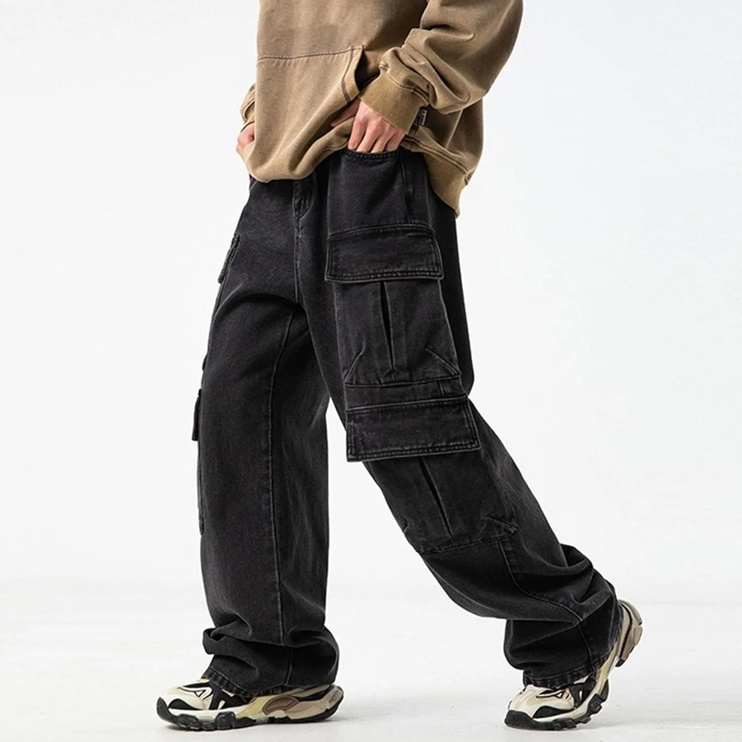 Men's Casual Loose Cargo Jeans Baggy Straight Leg Denim Pants for Men Fashion Hip Hop Jeans with Multi Pockets