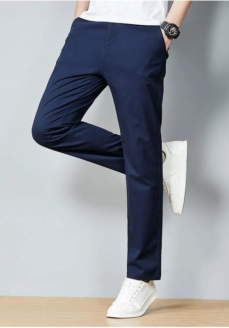 Men's Classic Straight Leg Casual Pants, Cotton Business Trousers, Available in Navy, Black, Gray