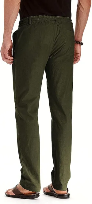 Men's Cotton Linen Pants Elastic Waist Drawstring Casual Trouser Lightweight Straight Leg Loose Fit Beach Trouser