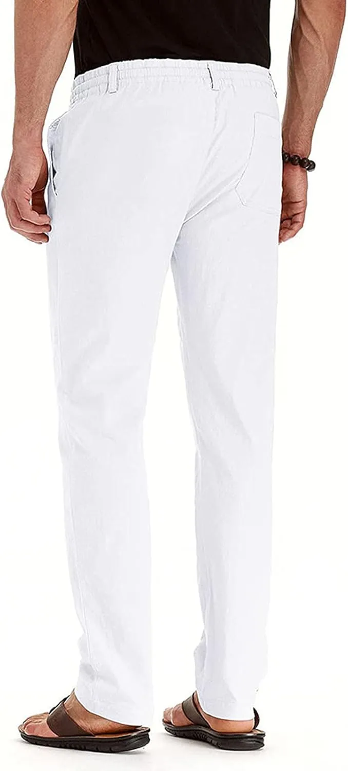 Men's Cotton Linen Pants Elastic Waist Drawstring Casual Trouser Lightweight Straight Leg Loose Fit Beach Trouser