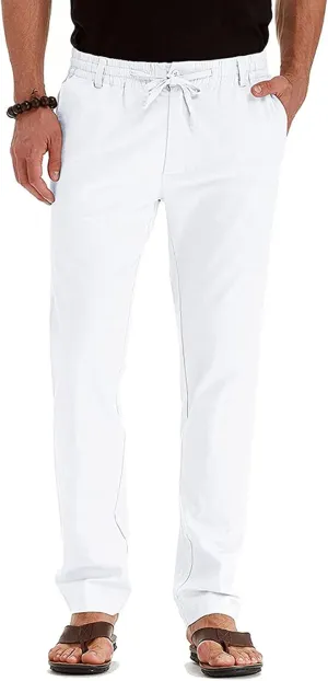 Men's Cotton Linen Pants Elastic Waist Drawstring Casual Trouser Lightweight Straight Leg Loose Fit Beach Trouser