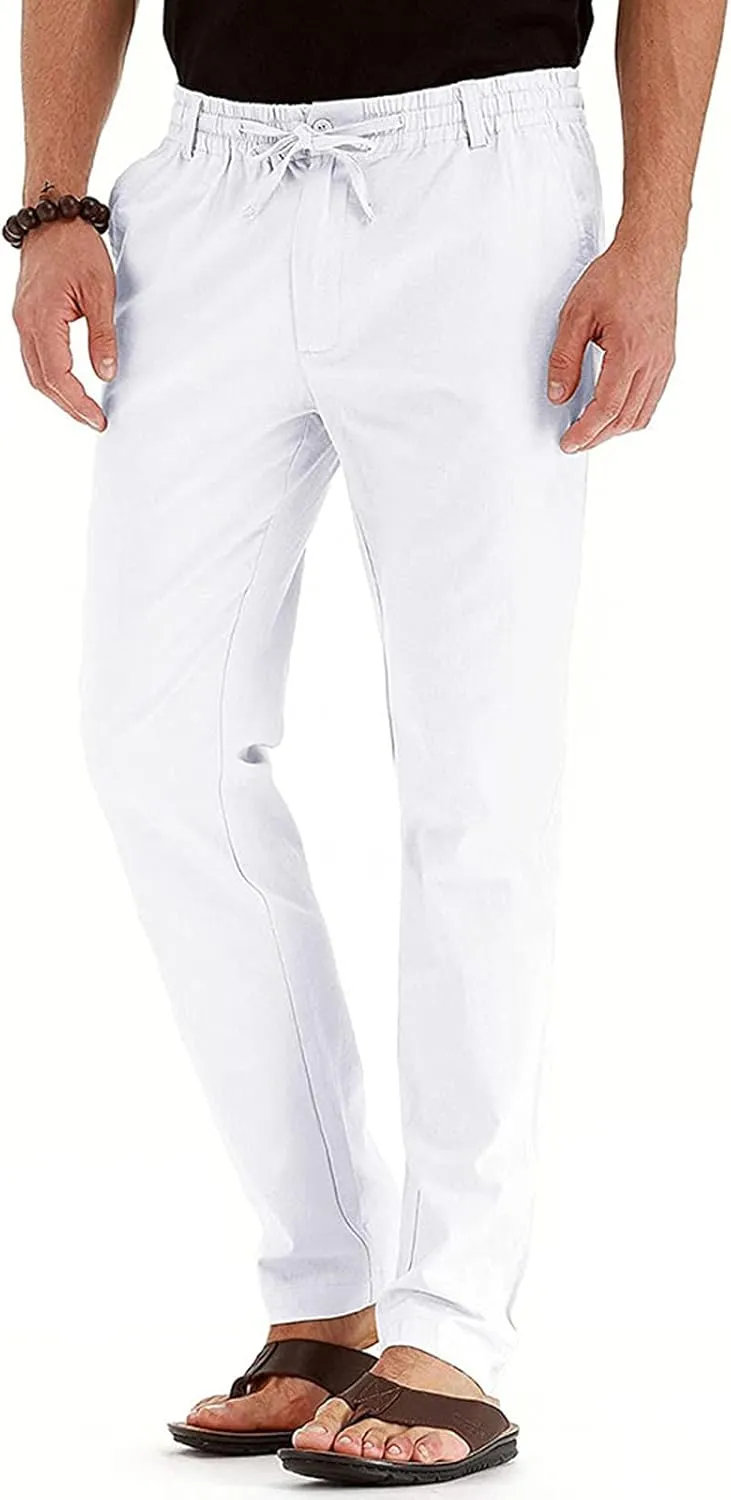 Men's Cotton Linen Pants Elastic Waist Drawstring Casual Trouser Lightweight Straight Leg Loose Fit Beach Trouser