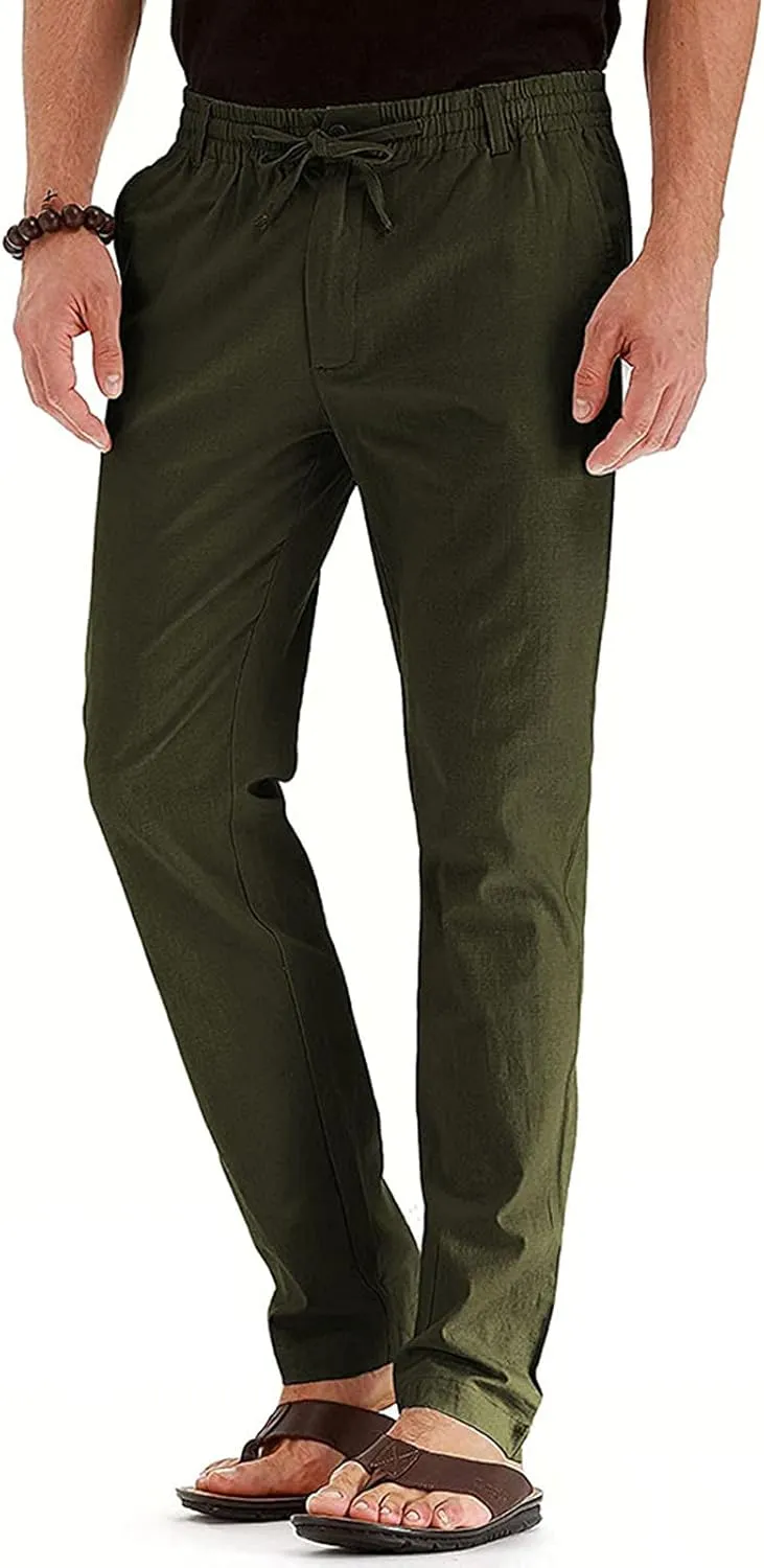 Men's Cotton Linen Pants Elastic Waist Drawstring Casual Trouser Lightweight Straight Leg Loose Fit Beach Trouser
