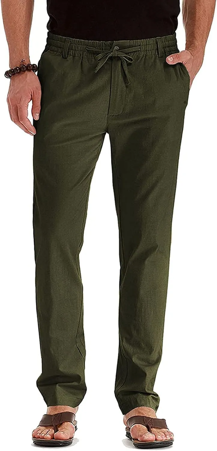 Men's Cotton Linen Pants Elastic Waist Drawstring Casual Trouser Lightweight Straight Leg Loose Fit Beach Trouser
