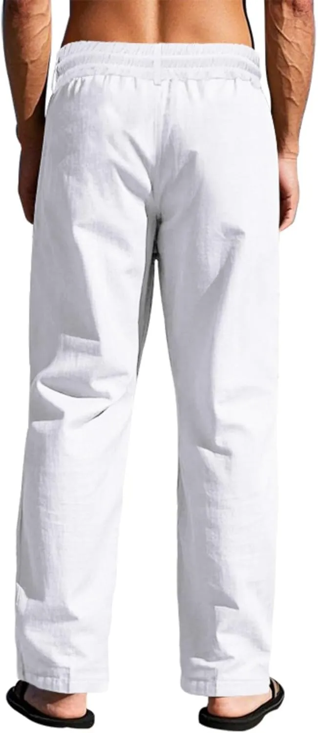Men's Drawstring Cotton Linen Pants Lightweight Casual Yoga Trousers Elastic Waist Beach Pants with Pocket Loose Fit