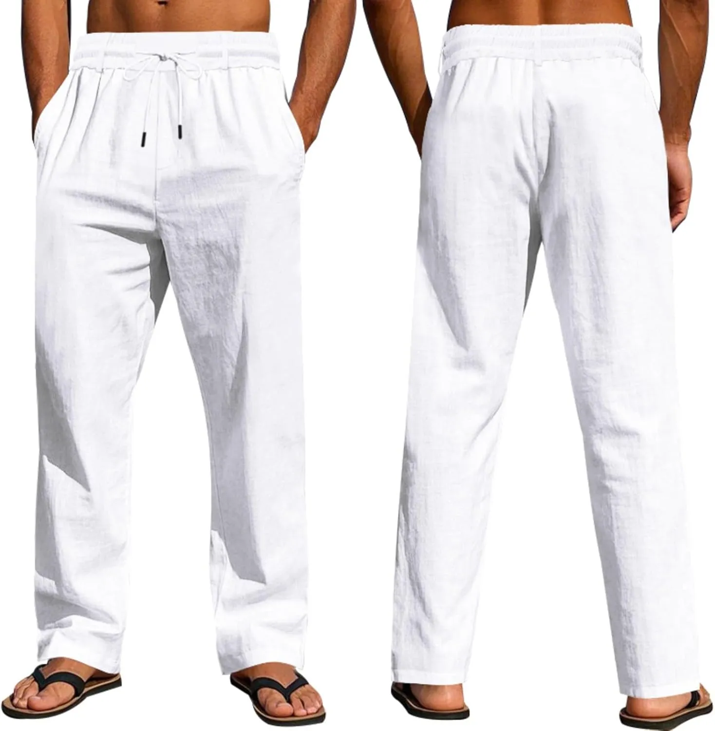 Men's Drawstring Cotton Linen Pants Lightweight Casual Yoga Trousers Elastic Waist Beach Pants with Pocket Loose Fit