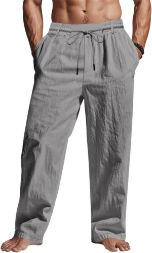 Men's Drawstring Cotton Linen Pants Lightweight Casual Yoga Trousers Elastic Waist Beach Pants with Pocket Loose Fit