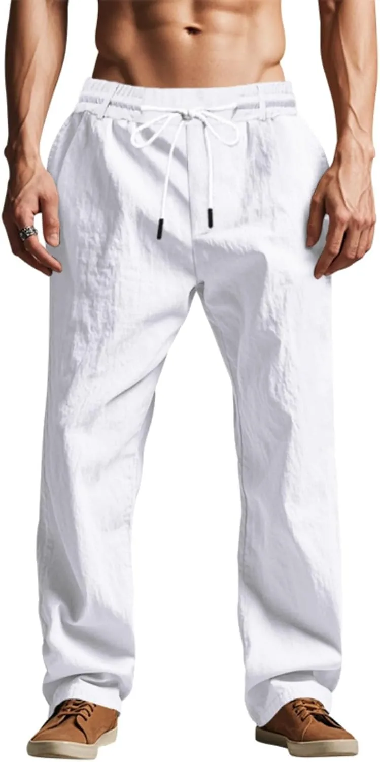 Men's Drawstring Cotton Linen Pants Lightweight Casual Yoga Trousers Elastic Waist Beach Pants with Pocket Loose Fit