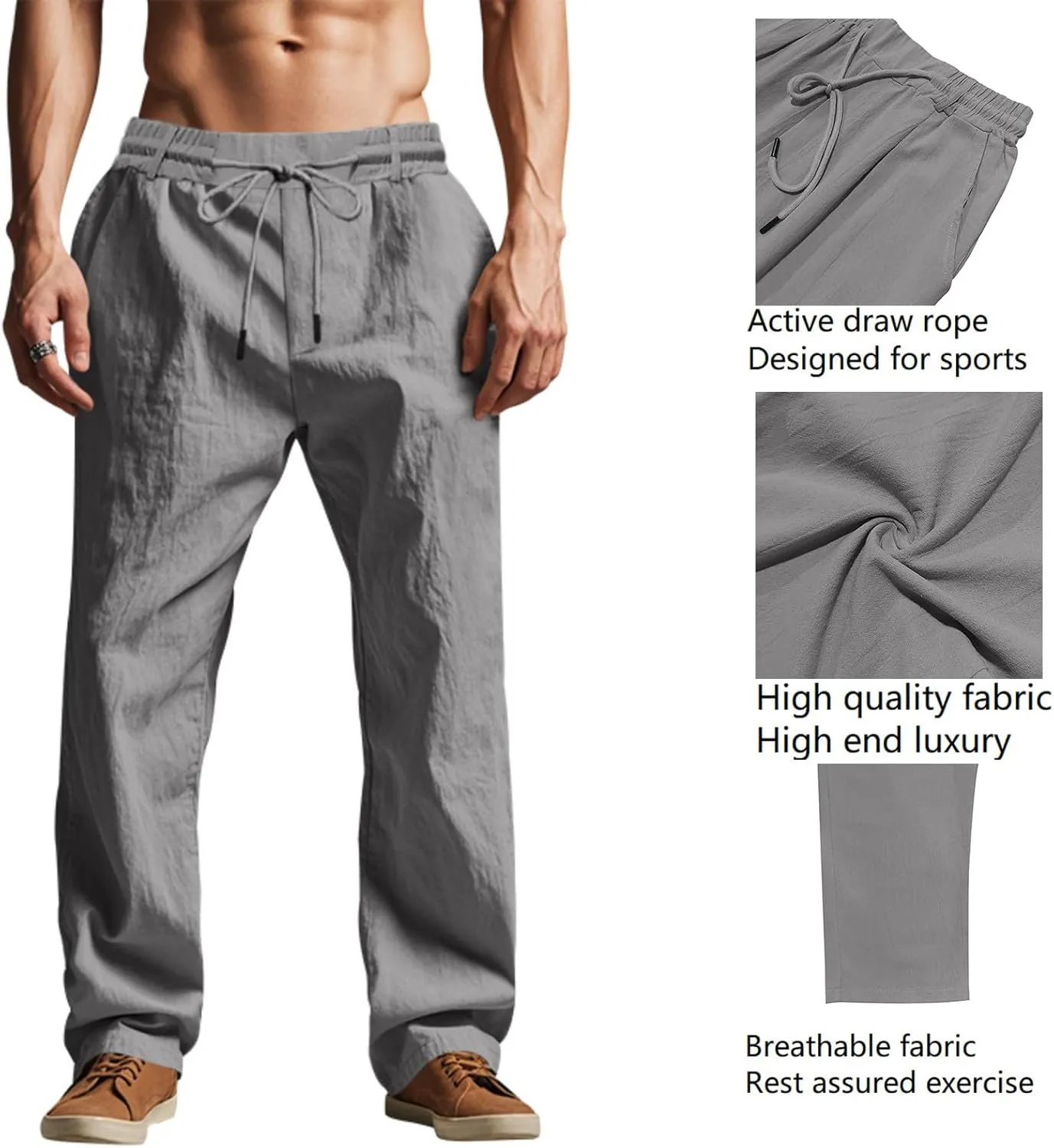 Men's Drawstring Cotton Linen Pants Lightweight Casual Yoga Trousers Elastic Waist Beach Pants with Pocket Loose Fit