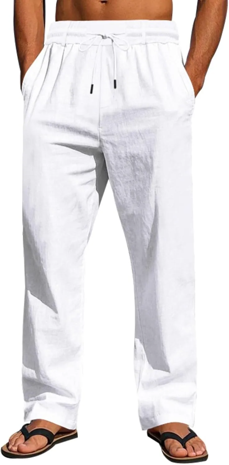 Men's Drawstring Cotton Linen Pants Lightweight Casual Yoga Trousers Elastic Waist Beach Pants with Pocket Loose Fit
