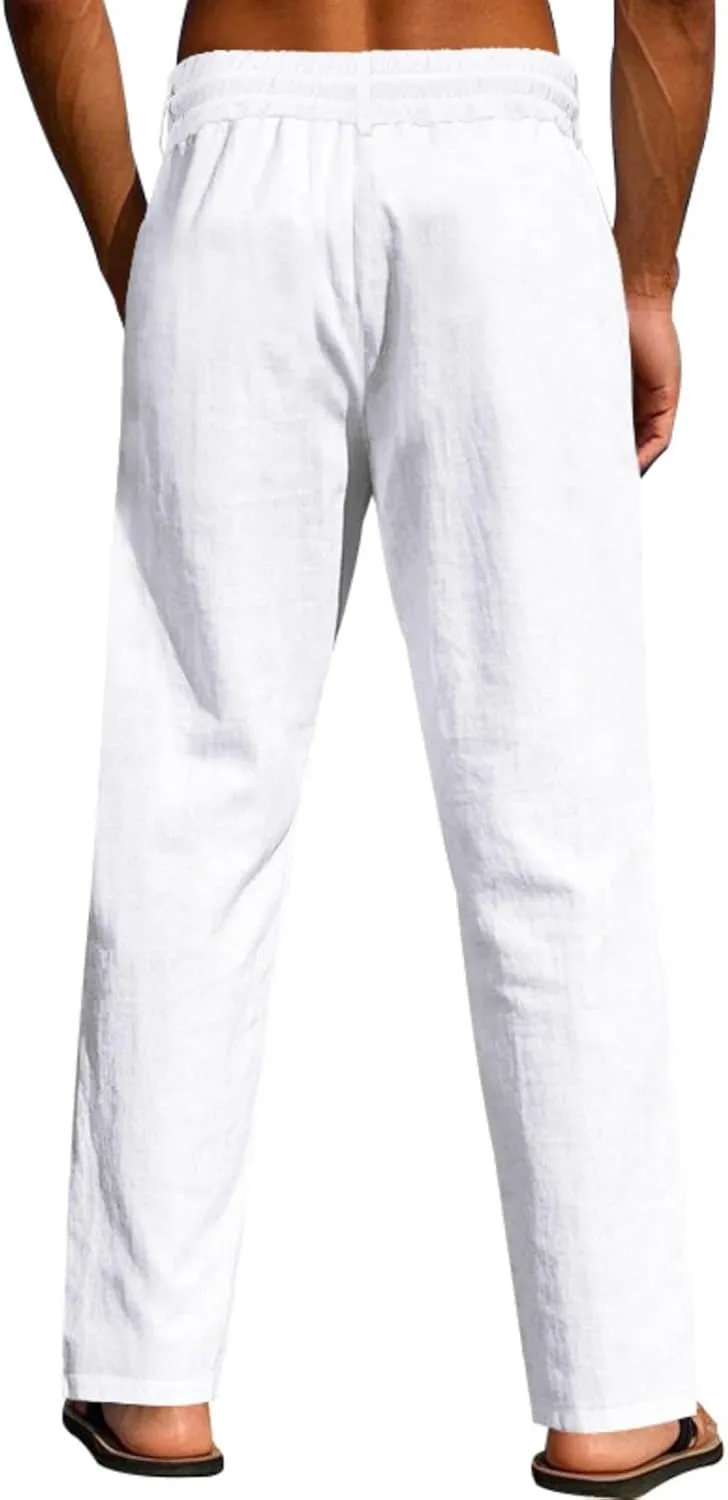 Men's Drawstring Cotton Linen Pants Lightweight Casual Yoga Trousers Elastic Waist Beach Pants with Pocket Loose Fit