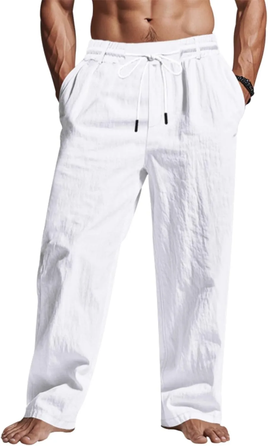 Men's Drawstring Cotton Linen Pants Lightweight Casual Yoga Trousers Elastic Waist Beach Pants with Pocket Loose Fit