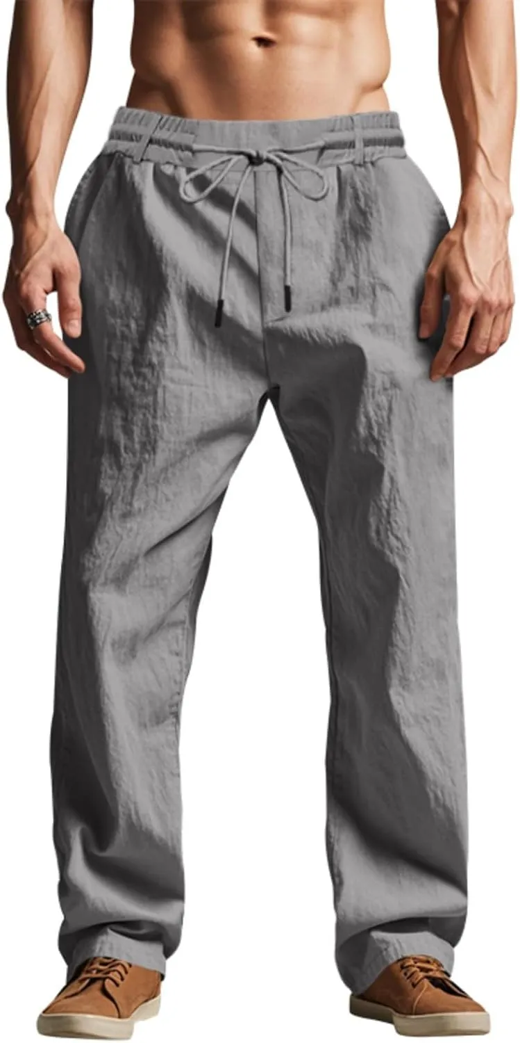 Men's Drawstring Cotton Linen Pants Lightweight Casual Yoga Trousers Elastic Waist Beach Pants with Pocket Loose Fit
