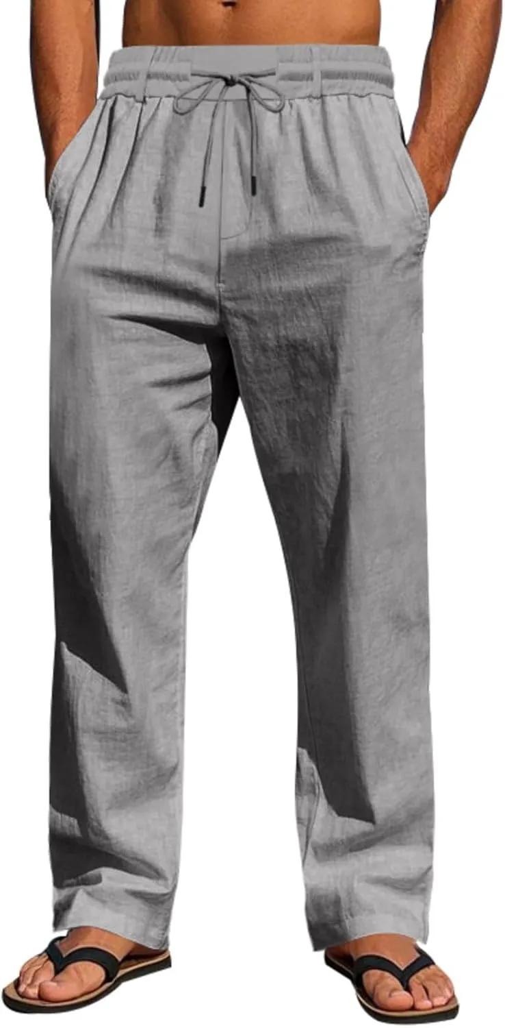Men's Drawstring Cotton Linen Pants Lightweight Casual Yoga Trousers Elastic Waist Beach Pants with Pocket Loose Fit
