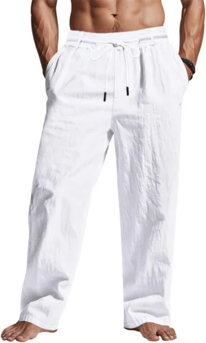Men's Drawstring Cotton Linen Pants Lightweight Casual Yoga Trousers Elastic Waist Beach Pants with Pocket Loose Fit