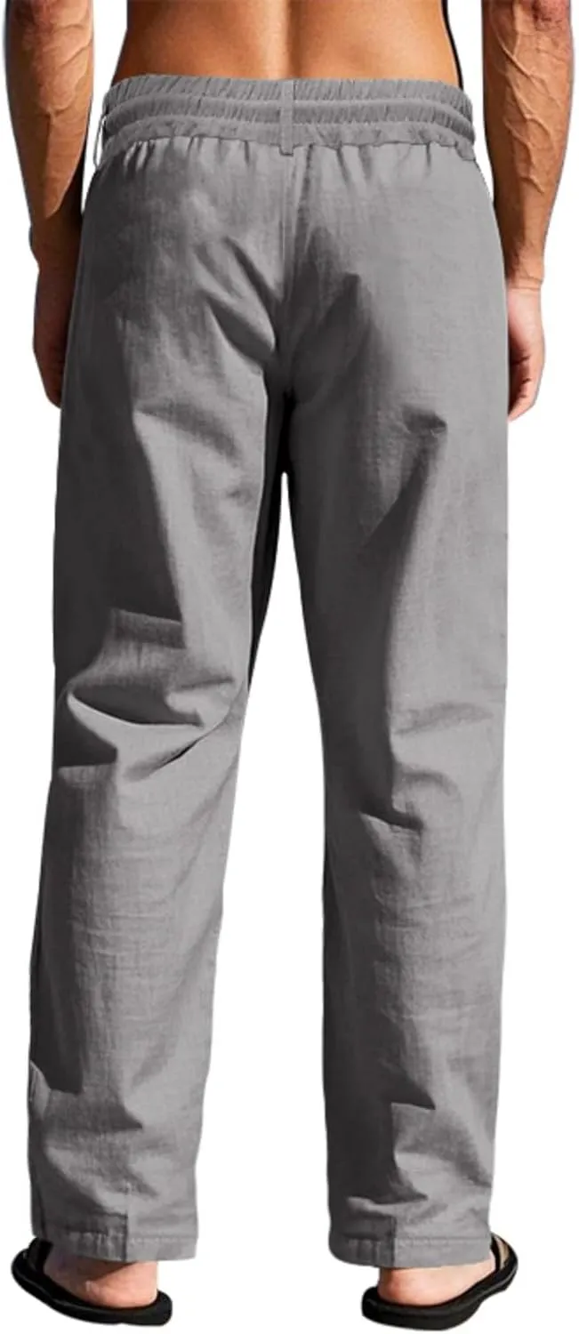 Men's Drawstring Cotton Linen Pants Lightweight Casual Yoga Trousers Elastic Waist Beach Pants with Pocket Loose Fit