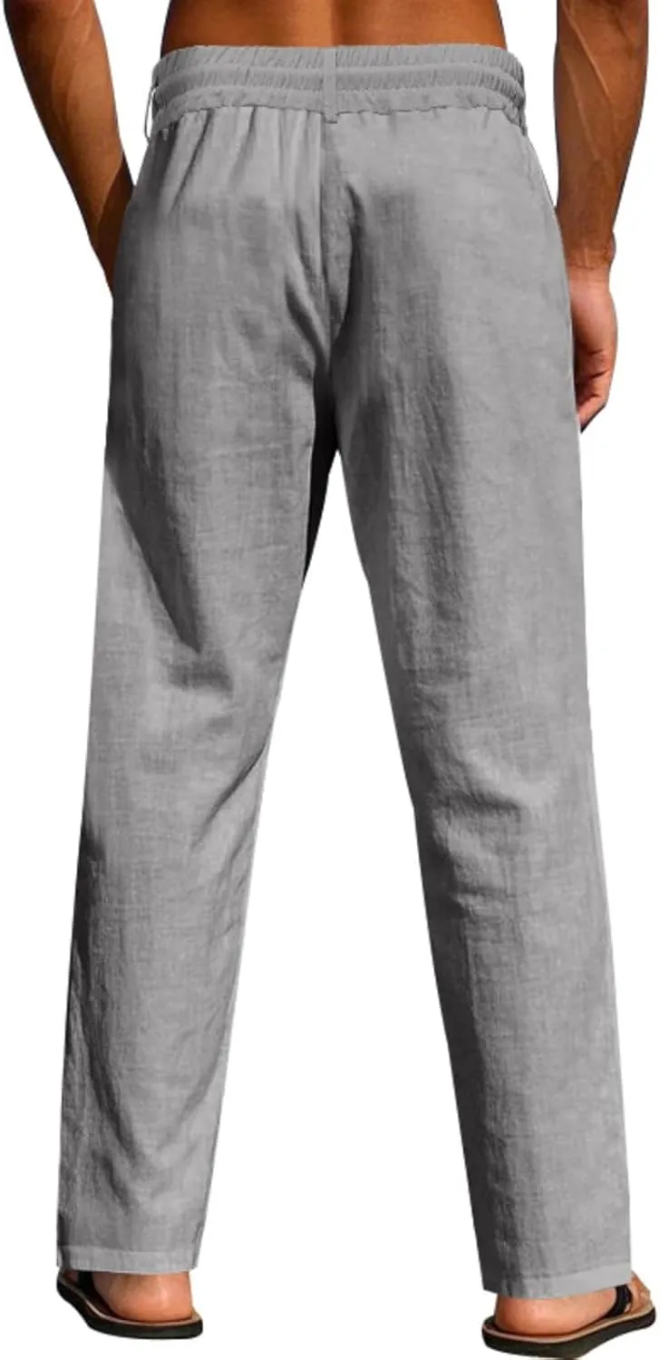 Men's Drawstring Cotton Linen Pants Lightweight Casual Yoga Trousers Elastic Waist Beach Pants with Pocket Loose Fit