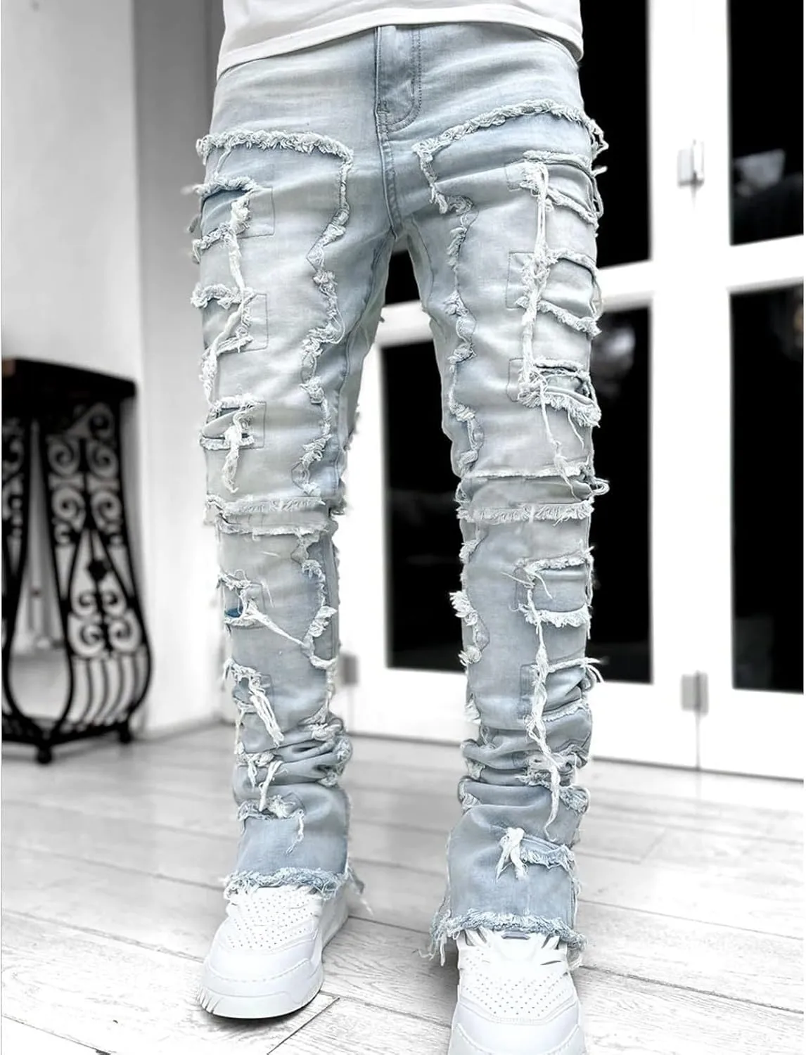 Men's Fashion Brand High Street Sharpened Jeans Wide Leg Trousers Pants Relaxed Fit Jeans Men Stretch Jeans for