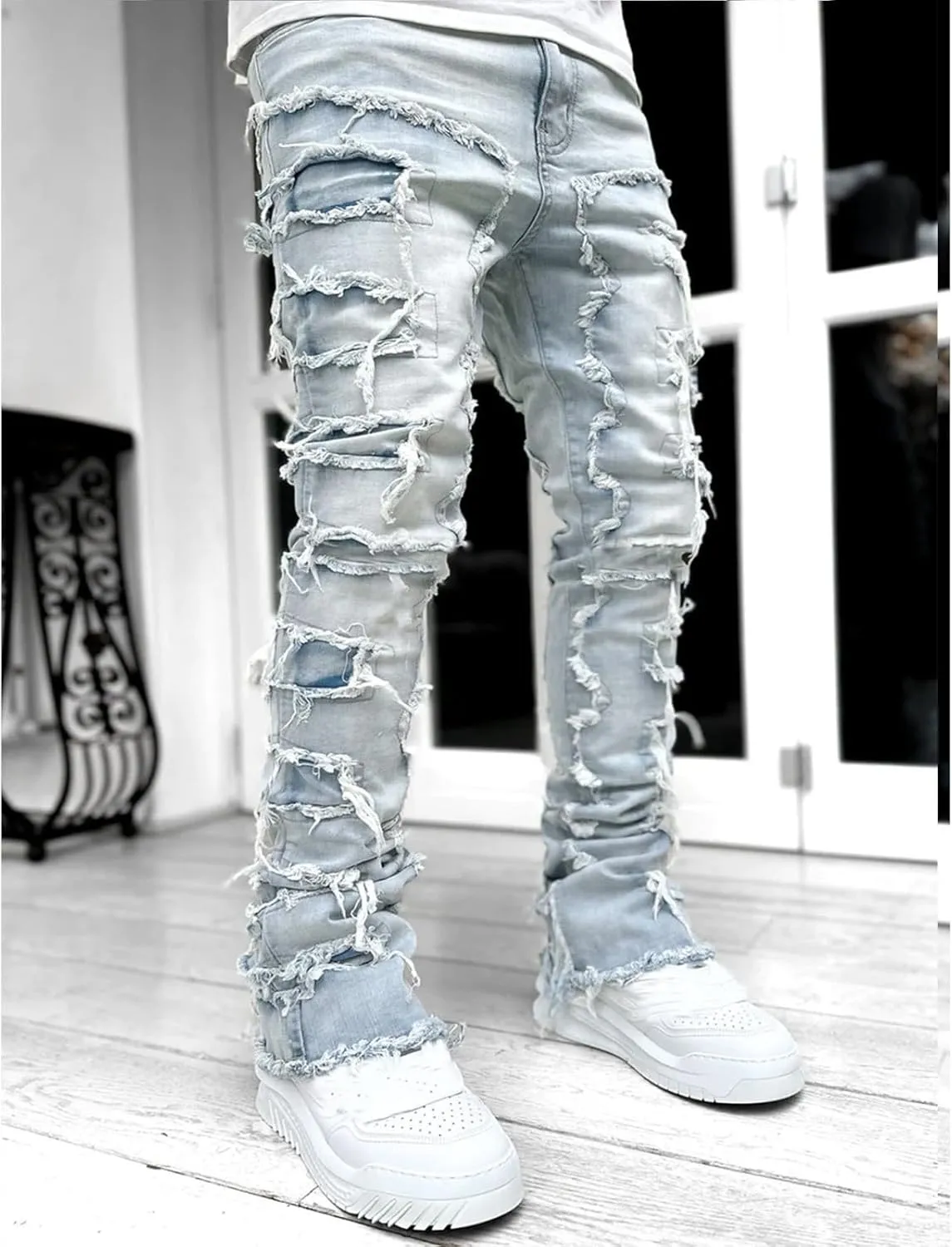 Men's Fashion Brand High Street Sharpened Jeans Wide Leg Trousers Pants Relaxed Fit Jeans Men Stretch Jeans for