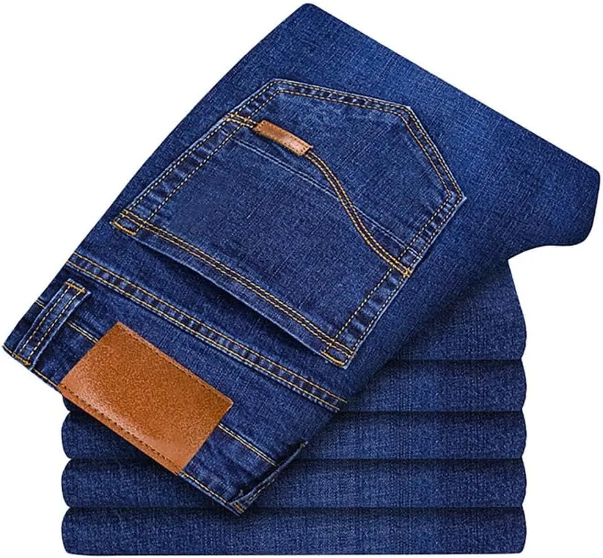 Men's Fleece Lined Jeans Stretch Fit Winter Thicken Buckle Fly Straight Leg Outdoor Work Business Denim Pants