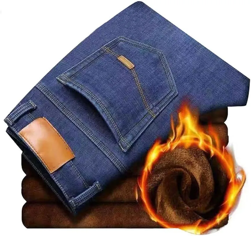 Men's Fleece Lined Jeans Stretch Fit Winter Thicken Buckle Fly Straight Leg Outdoor Work Business Denim Pants