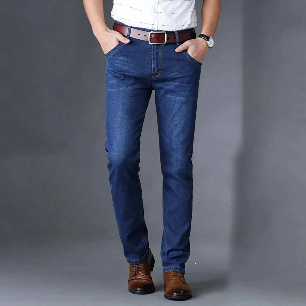 Men's Fleece Lined Jeans Stretch Fit Winter Thicken Buckle Fly Straight Leg Outdoor Work Business Denim Pants