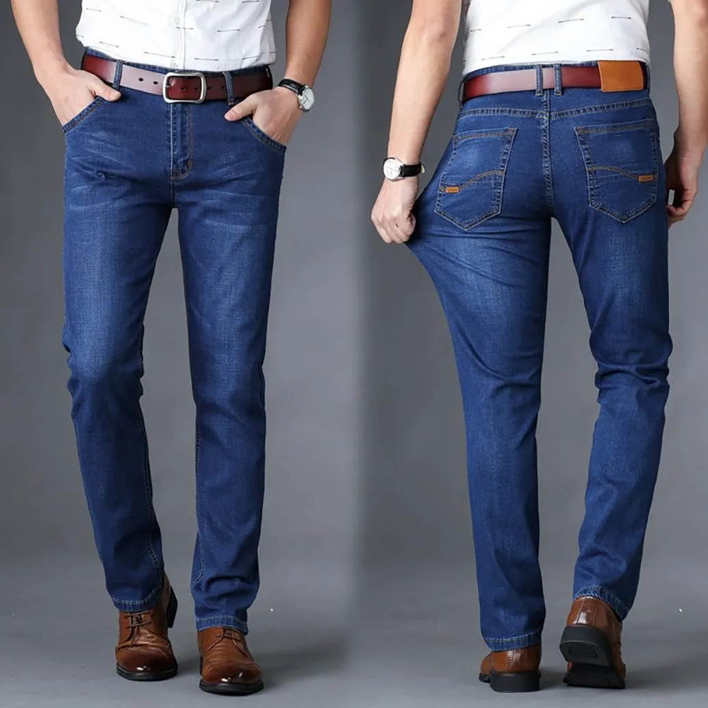 Men's Fleece Lined Jeans Stretch Fit Winter Thicken Buckle Fly Straight Leg Outdoor Work Business Denim Pants