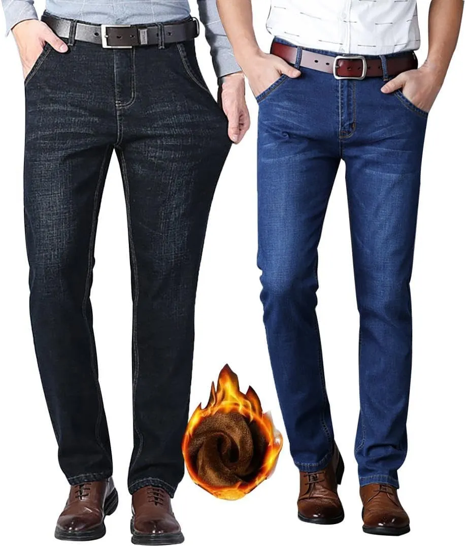 Men's Fleece Lined Jeans Stretch Fit Winter Thicken Buckle Fly Straight Leg Outdoor Work Business Denim Pants
