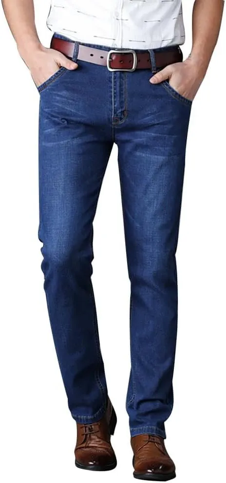 Men's Fleece Lined Jeans Stretch Fit Winter Thicken Buckle Fly Straight Leg Outdoor Work Business Denim Pants