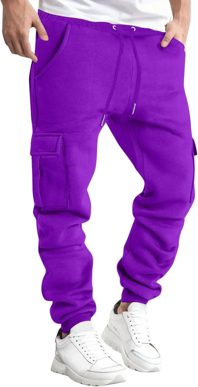 Men's Heavyweight Fleece Cargo Sweatpants with Multi Pockets Elastic Drawstring Workout Jogging Pants Baggy Trousers