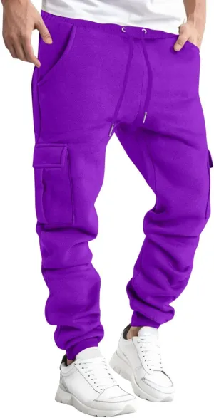 Men's Heavyweight Fleece Cargo Sweatpants with Multi Pockets Elastic Drawstring Workout Jogging Pants Baggy Trousers