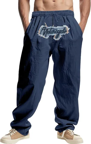 Mens Linen Beach Pants Loose Fit Casual traight-Legs Elastic Drawstring Waist Summer Vacation Long Pants Trousers