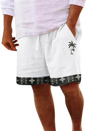 Men's Linen Shorts Casual Elastic Waist Drawstring Palm Tree Print Summer Beach Vacation Golf Shorts with Pockets