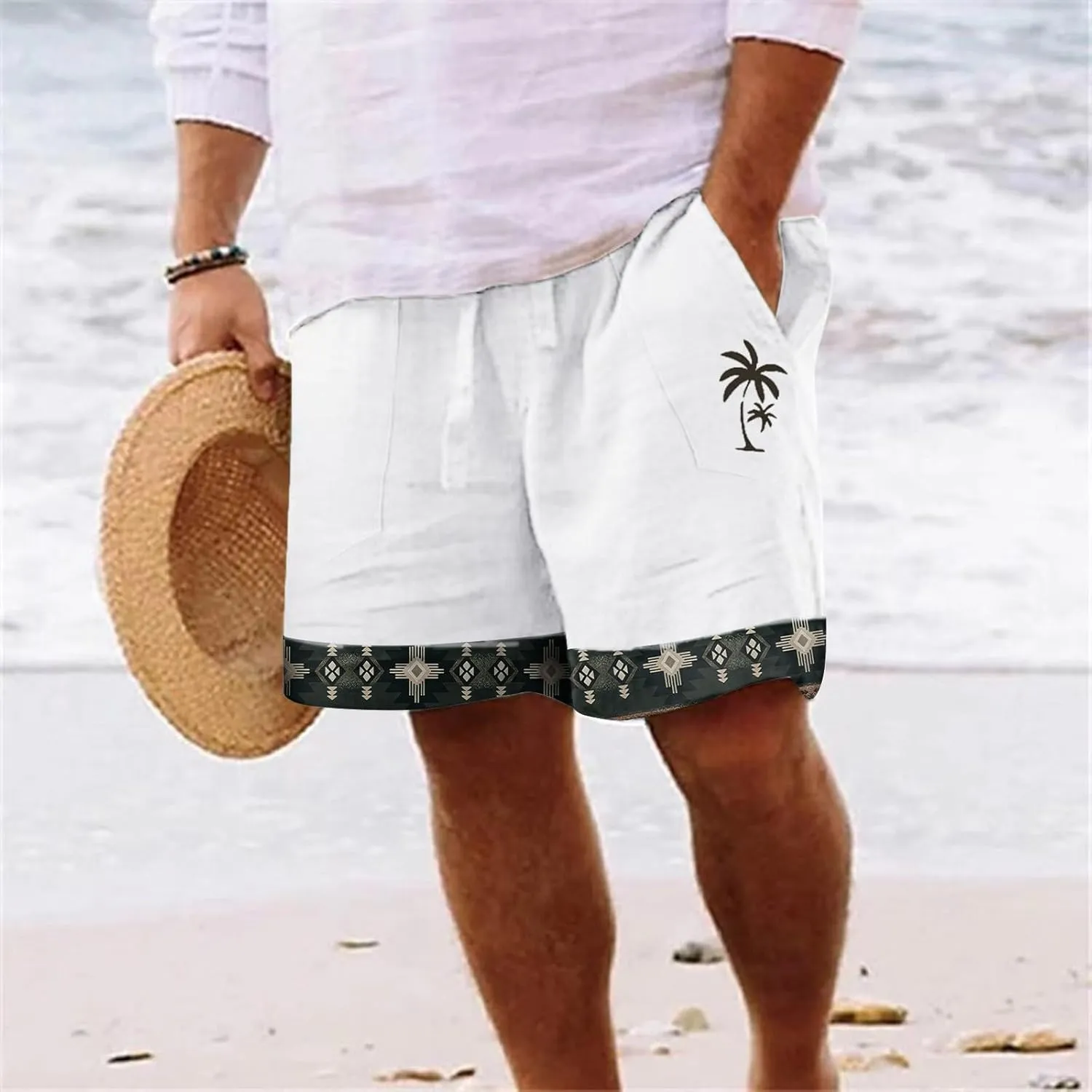 Men's Linen Shorts Casual Elastic Waist Drawstring Palm Tree Print Summer Beach Vacation Golf Shorts with Pockets