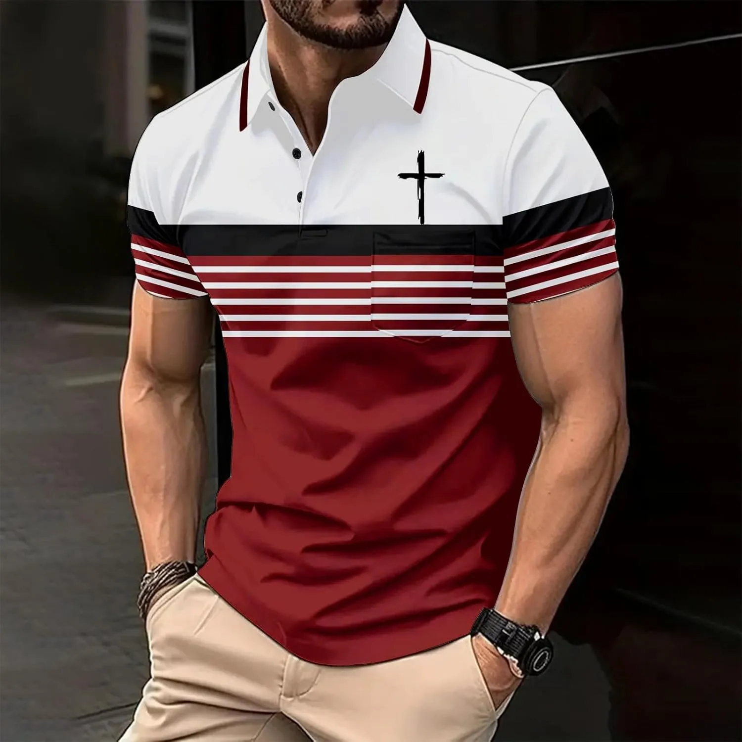 Mens Polo Shirt Short Sleeve Christian Casual Tees 3 Button Tops Lightweight Casual Basic Tee Striped Golf Shirts